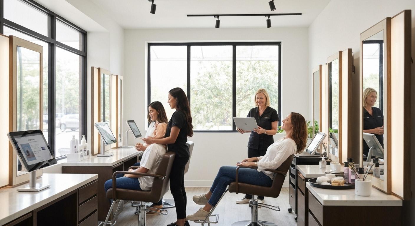 Modern beauty salon interior with professional staff helping customers