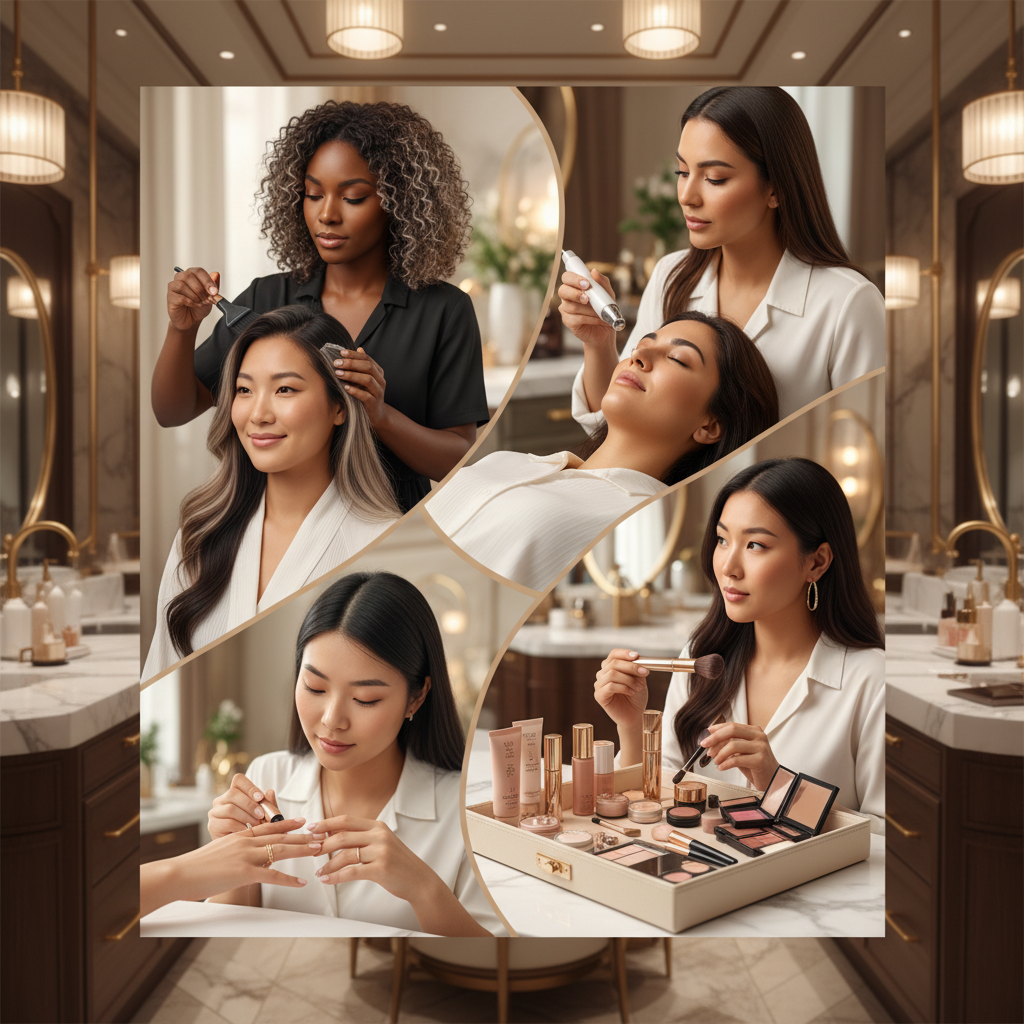 Professional beauty services including hair styling, facial treatments, nail services, and makeup application